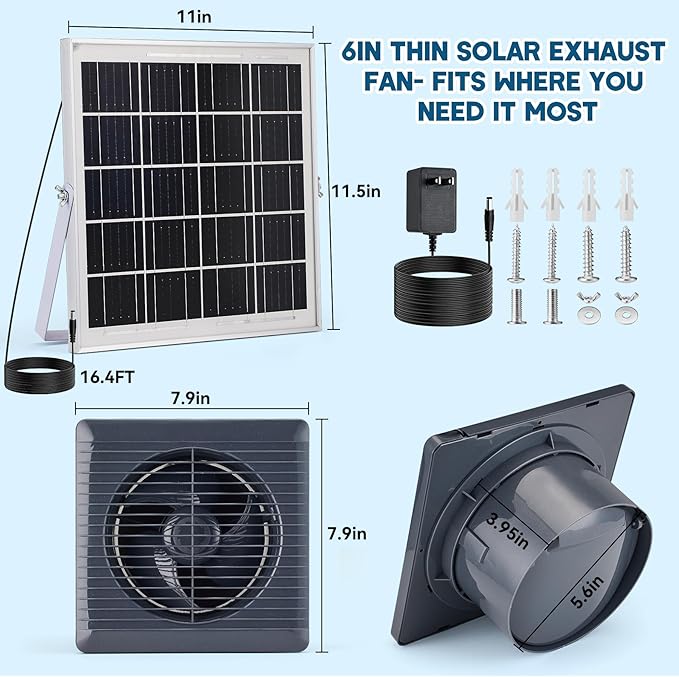 Solar Exhaust Fan with 25W Solar Panel, 6" Solar Powered Vent Fan for Chicken Coop, Greenhouse & Shed, 385 CFM Ventilation Fan with Anti-Backflow Valve, Quiet Brushless Outdoor Cooling