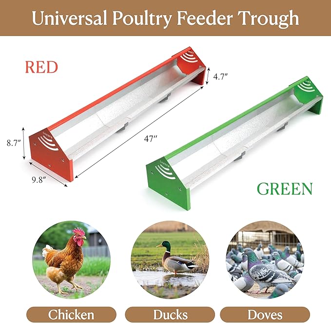 47" Chicken Trough Feeder - Galvanized Steel Feed Trough with Drainage Holes & Red Crossbar for Chicken, Duck, Turkey | Heavy Duty, Rust-Proof & Easy-Clean Design