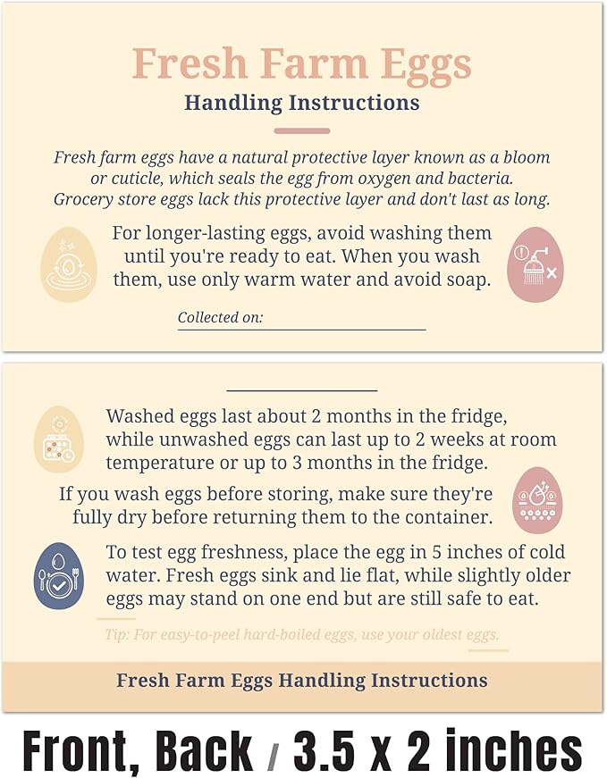 100 Pack Premium Fresh Farm Eggs Handling Instructions Care Accessories Cards Labels | Egg Blank Cartons 4 6 12 15 18 30 48 50 Count Basket Box Container Storing Extra Organizer -M06CH100