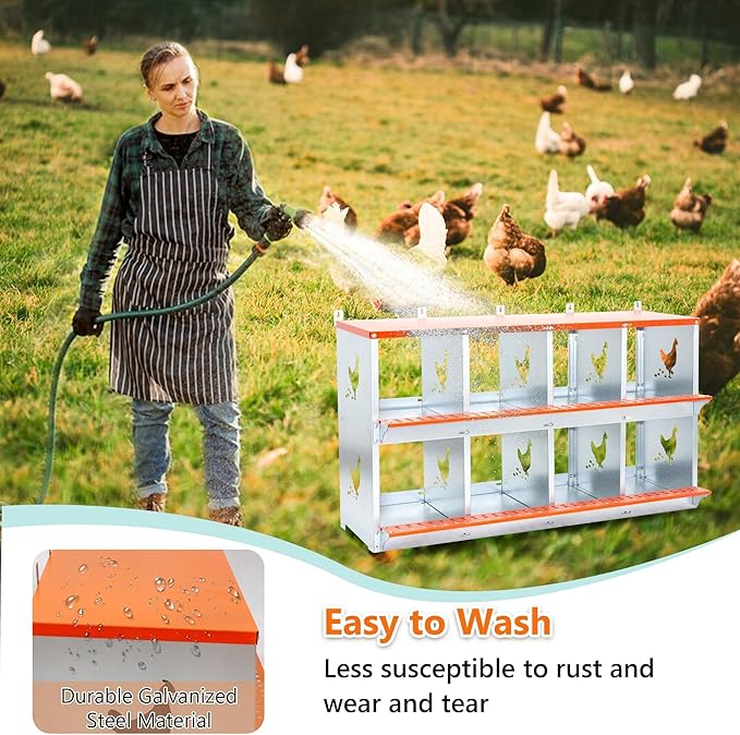 8-Bay Metal Nest Box for Chickens Wall Mount, Galvanized Steel Hen Nesting Box with Vent Holes, Easy to Clean & Assemble, Includes Coconut Fiber Pad, Orange/Silver
