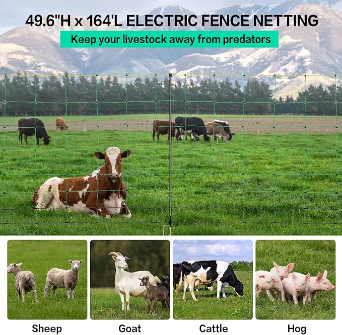 Electric Fence Netting, 49.6" H x 164' L, PE Net Fencing Kit with 14 Posts Double Spiked, Utility Portable Mesh for Sheep Goats Deer Hogs Dogs Lambs Used in Backyards Farms and Ranches, Green
