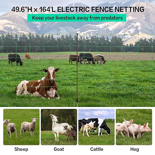 Electric Fence Netting, 49.6" H x 164' L, PE Net Fencing Kit with 14 Posts Double Spiked, Utility Portable Mesh for Sheep Hogs Goats Deer Dogs Lambs Used in Backyards Patio Farms Ranches, Green