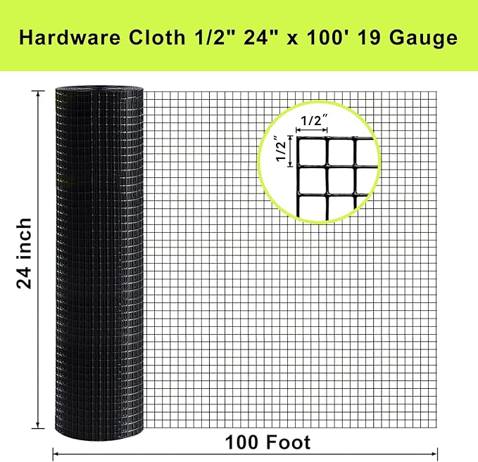 Black Hardware Cloth Roll 1/2 inch 24 inch x 100 Foot - Chicken Wire Fence Roll Garden Fence Mesh Wire Fence Welded Wire Fencing