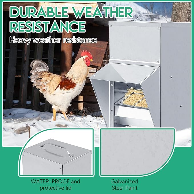 Uiifan 2 Pcs 11.5-50 Lbs Galvanized Chicken Feeder Weatherproof Poultry Food Dispenser with Lid Chicken Duck Food Dispenser Rat Proof Poultry Feeder for Cock Hen Duck(25 lb)