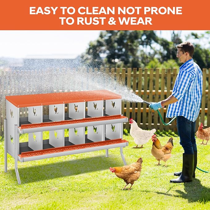 GarveeLife Chicken Nesting Box, 10 Compartments Nesting Box for Chickens, Two-Tier Galvanized Steel Chicken Egg Laying Box with Large Vented Holes Wall Mounting for Easy Egg Collection