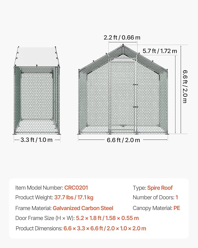 VEVOR Large Metal Chicken Coop,6.6 x 3.3 x 6.6 ft, Walk-in Chicken Run House with Waterproof Cover & Sturdy Frame, Spire Roof Poultry Cage Duck Pen for Rabbit Hen Goose Outdoor Backyard Farm Use