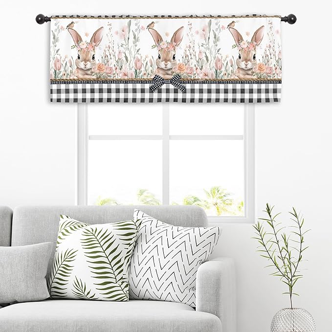 Miyotaa Easter Rabbit Bunny Kitchen Curtain Valance 54W x 18H Rod Pocket Plaid Buffalo Spring Flower Floral Window Treatment for Living Room Bedroom Bathroom