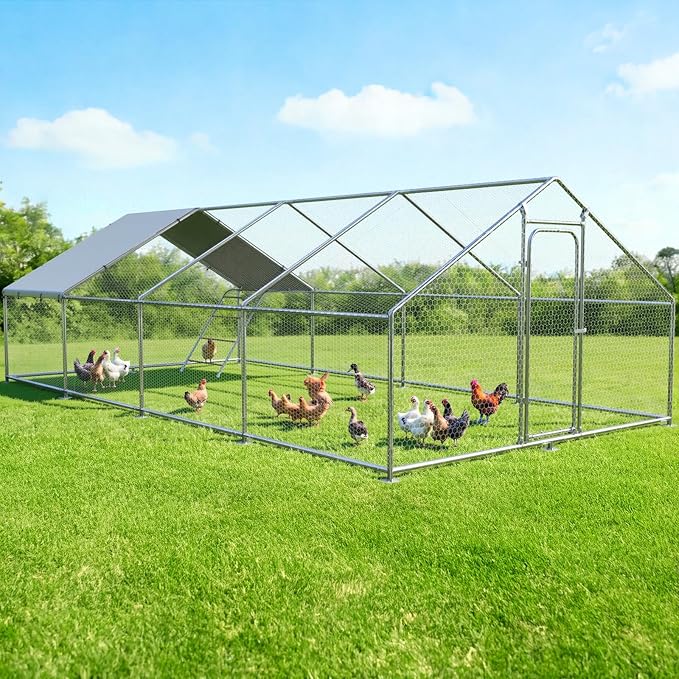 Large Metal Chicken Coop Run with Roosting Perch– Outdoor Waterproof & UV-Resistant Cover for Chickens, Ducks, Rabbits, and Hens in Yard or Farm Use Spire Roof(13.1'Wx26.2'Lx 6.5'H)