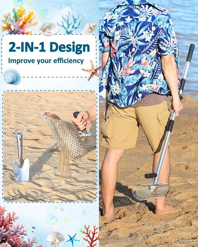 Sand Scoop for Metal Detecting, Metal Detector Sand Shovel Accessories for Beach, Stainless Steel Sand Sifter Digging Tool, Long Handle Fast Sand Sifting Flea Rake for Underwater Treasure Hunting