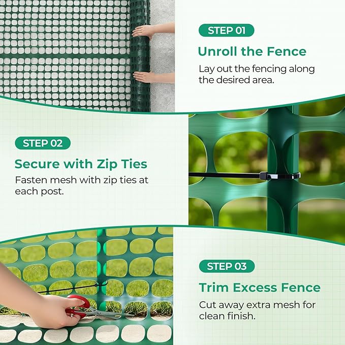 Ohuhu Plastic Garden Fence Safety Fence, 4'x50'/7.5LB Reusable Netting Plastic Mesh Fence Roll, Temporary Fencing for Animal Barrier Construction Snow Fence Poultry Rabbits Chicken Dogs Deer