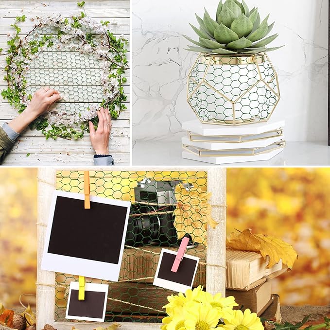 Aboofx Chicken Wire for Floral Arrangements 118 x 15.7 Inch Green Mesh Chicken Wire with 50 Zip Ties and 1 Pair of Glove Hexagonal Galvanized PVC Coated Netting Fence for Crafs Poultry Garden
