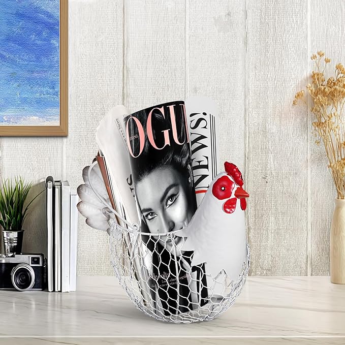 Farmhouse Rustic White Chicken Wire Metal Egg Basket With Handle,Vintage Rooster Decorative Chicken Shaped Fruit Basket Bowl for Kitchen Countertop Living Room Home Farm Table Decor