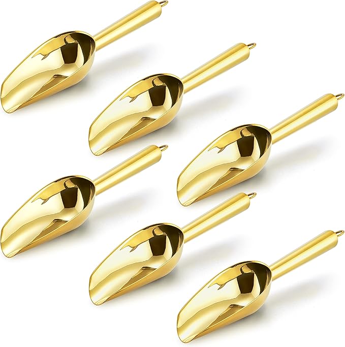 Mini Ice Scoop Set of 6, E-far 3 Ounce Gold Stainless Steel Scoops for Candy/Flour/Sugar, Small Metal Scoops for Party/Canisters Jars/Kitchen Bar/Ice Maker, Rust Proof & Dishwasher Safe