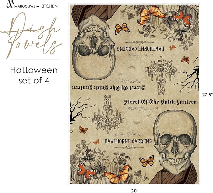 4 Pcs Vintage Halloween Kitchen Towels Tea Towels Decorative Set, 27.5x20 Inch Skeletons Crows Owl Dish Vintage Terror Decoration Hand Towels, Halloween Absorbent Kitchen Dishcloth for Cooking