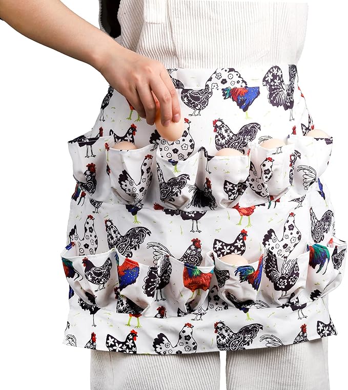 AVLA Chicken Egg Collecting Apron, 12 Deep Pockets Egg Gathering Holding Aprons, Farmhouse Egg Carrier Apron for Hens, Duck, Goose Eggs, Women, Adults, Housewives