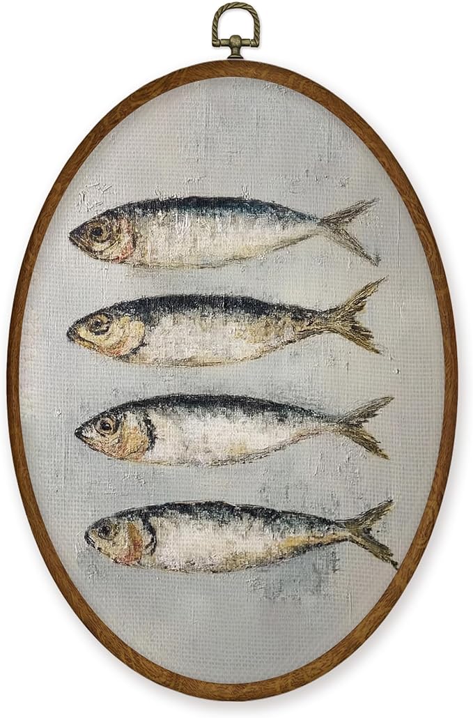 WULQYING Vintage Sardine Fish Wall Art Decor, Nautical Coastal Fish Oval Framed Canvas Art Prints, Retro Beach Fishing Wall Hanging Decor for Beach Home Kitchen Dining Room, 8.6x11.4 Inches