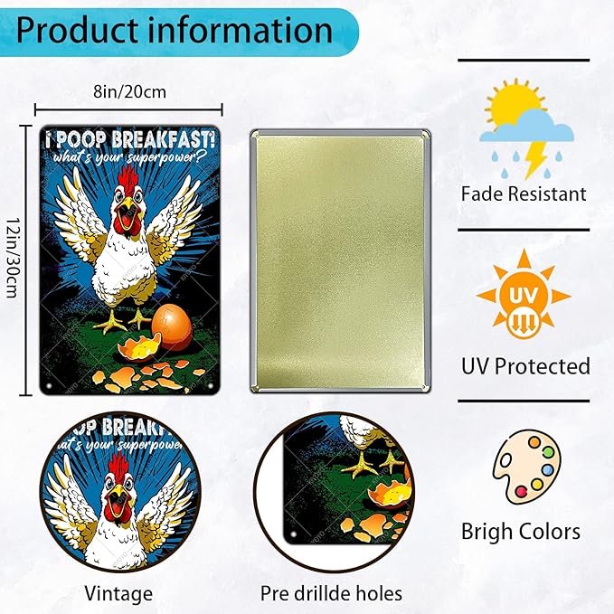 Funny Chicken Decorations for Kitchen Chicken Tin Sign I Poop Breakfast Whats Your Superpower Wall Decor 12x8 Inch