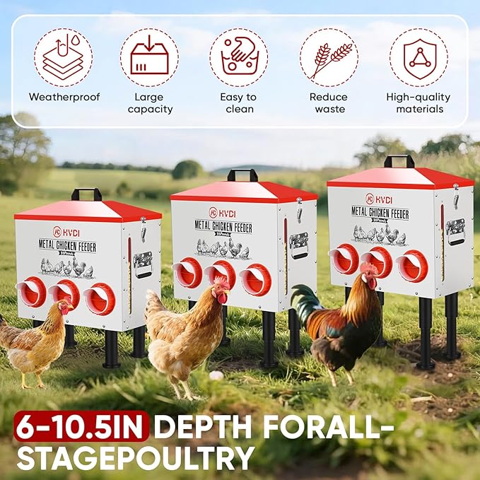 HVDI 30lbs - 40lbs Large Automatic Chicken Feeder, Adjustable Stand, 6 Feeding Ports, Sloped Roof Rainproof Design Poultry Feeder (Small)