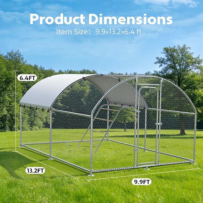Large Metal Chicken Coop with Roosting Perch, Waterproof and UV-Resistant Cover,Outdoor Walk-in Cage Hen House for Yard Farm Rabbit Duck Chicken Run Dome Roof (10’ W x 13.2’ L x 6.4’ H)