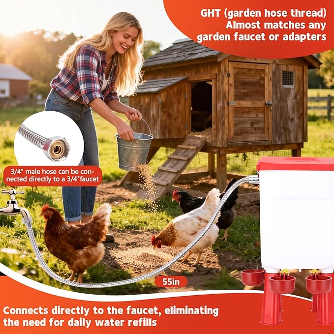 Chicken Waterer Float-Controlled Automatic Continuous Fresh Water Filtered Float- Chicken Waterer 2 Gallons Large Poultry Waterer for Duck, Quail, Turkey, Chick (Red)