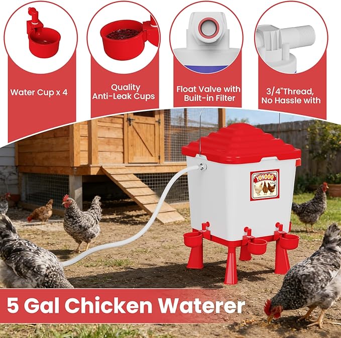 5 Gallon/26 Pounds Automatic Chicken Feeder and Waterer Set, Chicken Waterer with Automatic Float Valve, No Waste, Rain Proof Poultry Feeder, Chick Coop Accessories, for Chicken, Duck, Turkey