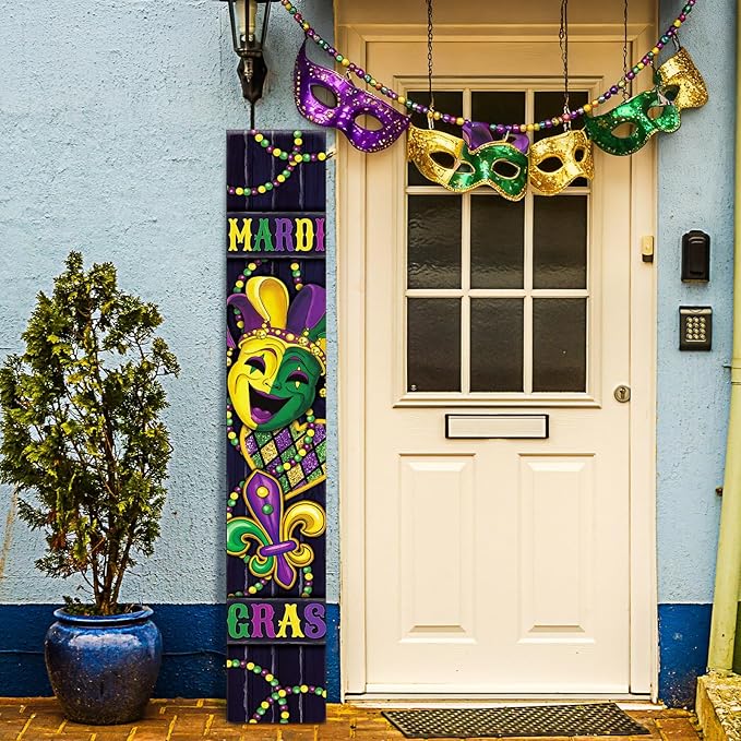 47" Large Mardi Gras Porch Sign Carnival Welcome Sign Mask Wooden Tall Carnival Porch Decor Rustic Farmhouse Front Door Decor for Mardi Gras Party Holiday Outdoor Home Yard Entryway Gift