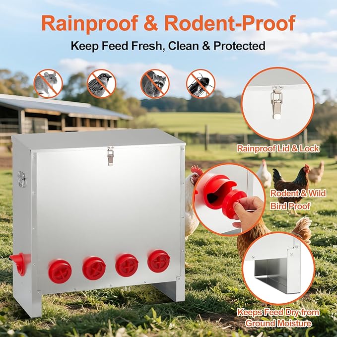 Large Automatic Chicken Feeder 85-120lbs, Galvanized Metal Chicken Food Dispenser, Rainproof & Rodent Proof No Waste Poultry Feeder for Backyard Coop, Farm, Ducks & Hens (6 Ports)