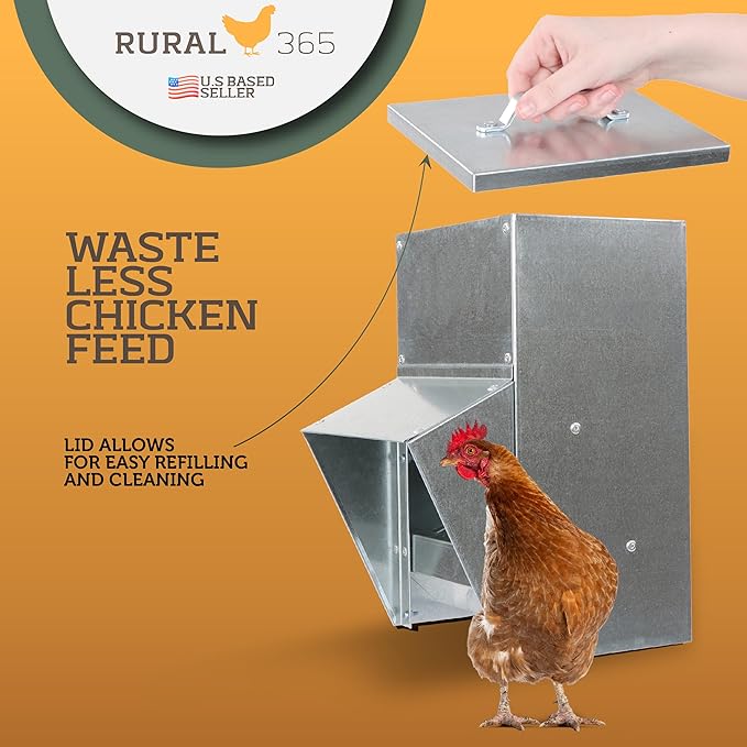 Rural365 25lb Capacity Galvanized Chicken Feeder Weatherproof Coop Dispenser