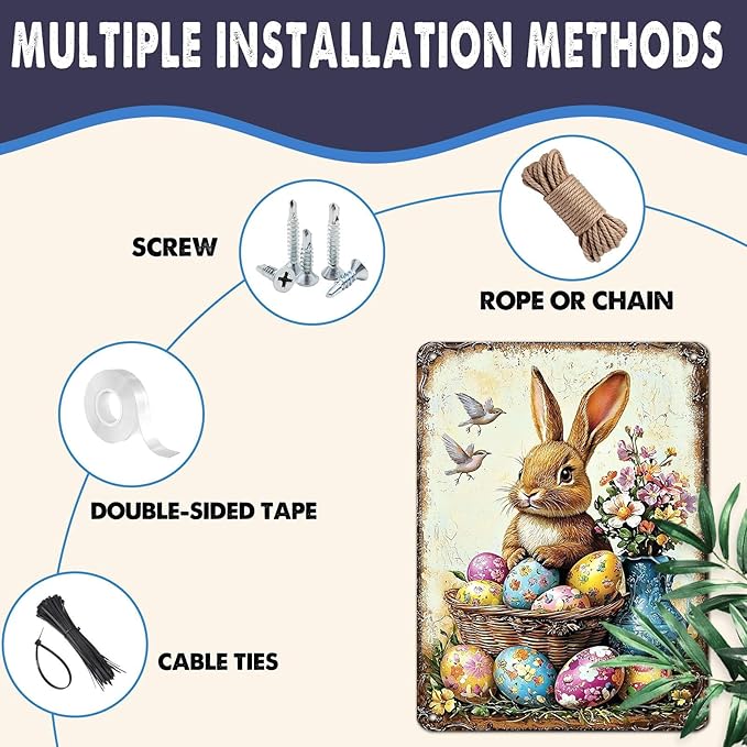 YoyaVex Easter Tin Sign Bunny Room Decor Vintage Metal Wall Art Sign for Home Apartment Wall Garden Bathroom 12X16Inch