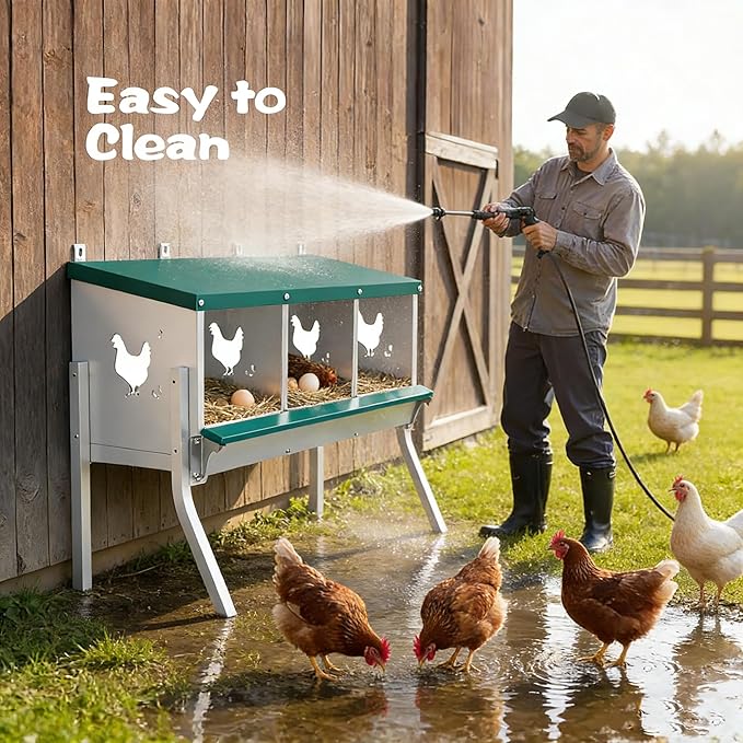 Chicken Nesting Box 3 Compartment with Legs 10 Pet Moisture Pads and 4 Fake Eggs Roll Away Egg Collection, Perch, Lid Cover for Egg Protection - Wall Mount Nest Box for Chickens, Hens, Ducks