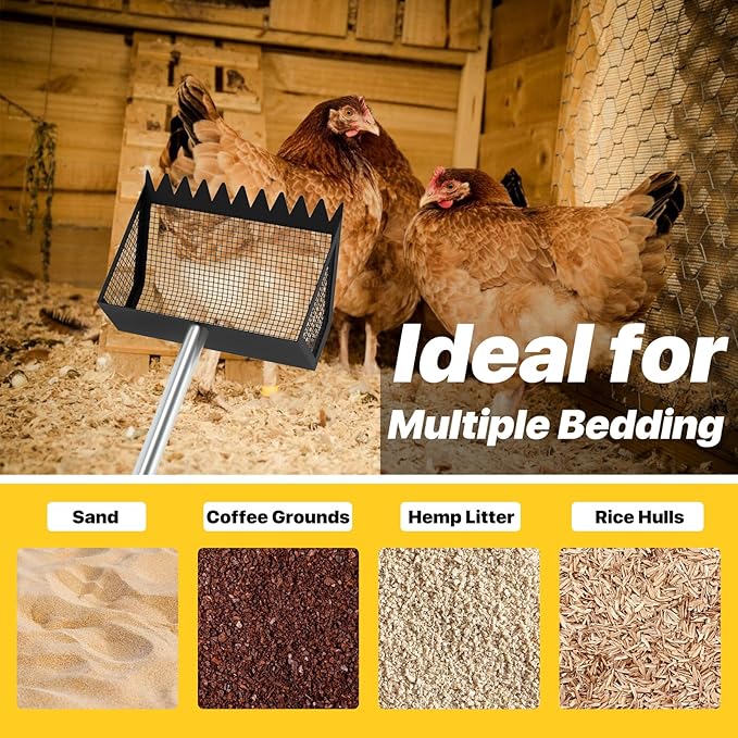 Chicken Poop Scooper, 10" Large Chicken Poop Scooper Head for Sand, 62-inch Long Handle Chicken Droppings Scoop Rake for Chicken Coop, Chicken Coop Accessories Tool for Clean