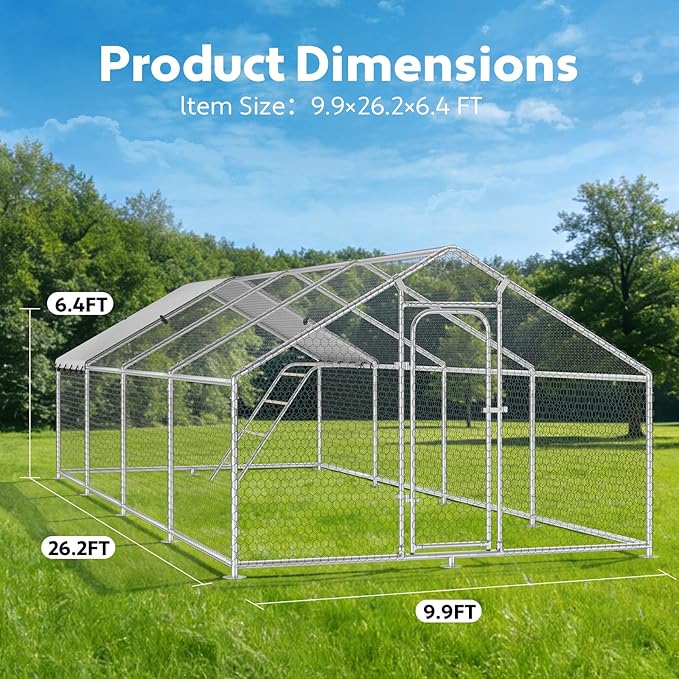 Large Metal Chicken Coop with Roosting Perch, Waterproof and UV Protection Cover, Chicken Run Outdoor Walk-in Cage Chicken Rabbit Duck Hen House for Yard Farm Use Spire Roof(10’ W x 26.2’ L x 6.4’ H)