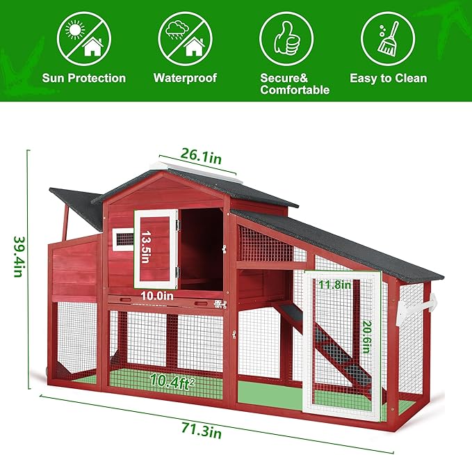 Chicken Coop with Run Mobile Large Nesting Box - Back Yard Wooden Chicken House Outdoor Poultry Cage, UV Proof Asphalt Roof