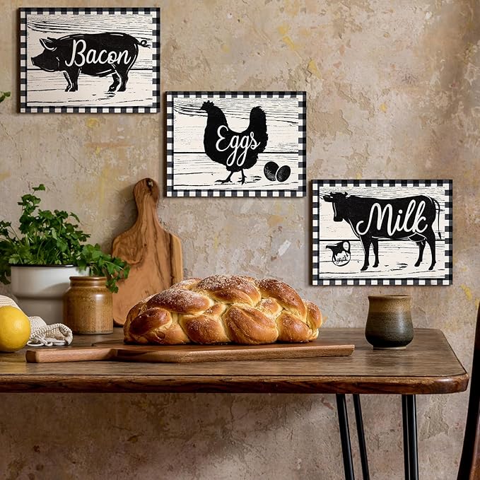Jetec 3 Pieces Farmhouse Kitchen Decor Wooden Pig Cow Chicken Signs Rustic Buffalo Plaid Wall Art Farm Animal Plaque for Kitchen Home Wall Decorations, 13.8 x 10.3 Inch