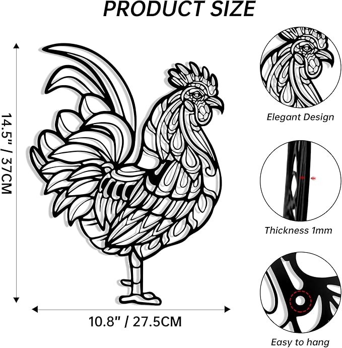 Rajukit Rooster Kitchen Decor - Chicken Decor & Premium Metal Rooster Wall Decor Durable Metal Chicken Gift for Christmas Thanksgiving Housewarming - (14.5"x10.8")