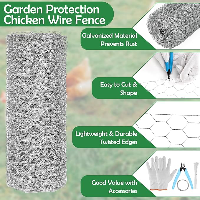 Floral Chicken Wire for Craft, 15.7 Inch x 75 FT Lightweight Galvanized Hexagonal Chicken Wire Netting, Silver Chicken Wire Fence for Garden Poultry Chicken Wire Mesh with Gloves, Wire Ties, Plier