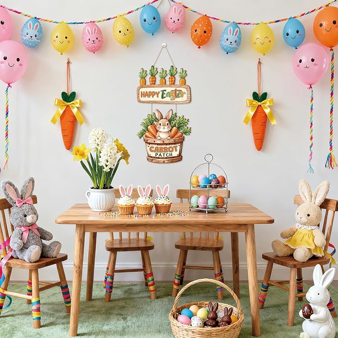 CHDITB Easter Bunny Wooden Door Hanger, Happy Easter Carrot Patch Wood Sign, Rustic Farmhouse Spring Wall Decor, Cute Rabbit Hanging Decoration, Holiday Front Porch Signs for Home Easter Party