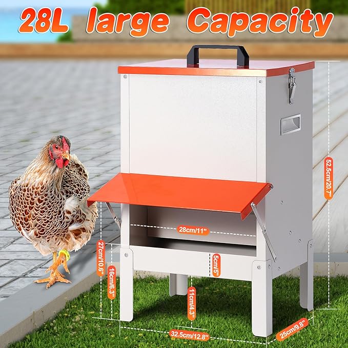 Automatic Chicken Feeders 30lb Metal Poultry Feeder no Waste Large Hanging Chicken Feeders Trough with Leg for Chickens Coop Quail Ducks Outside Galvanized Waterproof Chicken Feeder (30LB)
