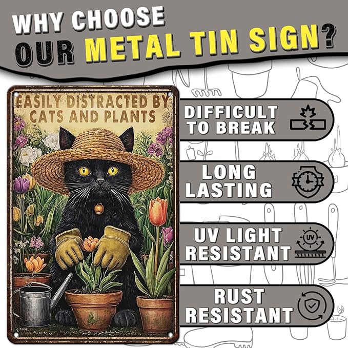 PEACHGARDEN Garden Sign Cat Outside Sign Easily Distracted by Cats and Plants Vintage Funny Metal Wall Art for Home Farmhouse Kitchen Outdoor Gift 8x12inch
