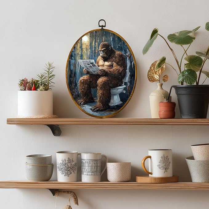 zewepri Funny Sasquatch Canvas Wall Art Print, Forest Painting Artwork on High-Density Canvas with Pre-Installed Hook, 8.6 x 11.4 Inch Wall Decor for Bedroom, Living Room, Study, Gift for Art Lovers