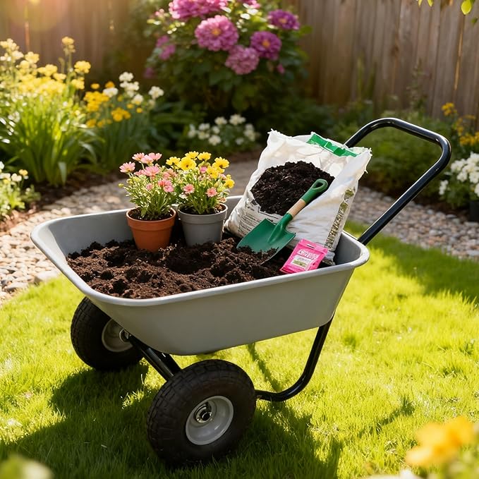 Dual Wheel Garden Wheelbarrow,Heavy Duty Yard Cart with 10“/15" Pneumatic Tires, Rustproof Poly Tray & Steel Handle, 300 lbs Capacity Utility Cart for Lawn, Farm, and Landscaping (Gray-10“)