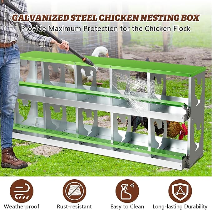 Chicken Nesting Box,Heavy Duty Metal Nest Boxes,10 Hole Roll Away Nesting Boxes,with Large Vented Holes,Wall-Mountable Chicken Coop Nesting Boxes,for Chickens,Ducks,Large Egg Boxes (Green 10 Hole)