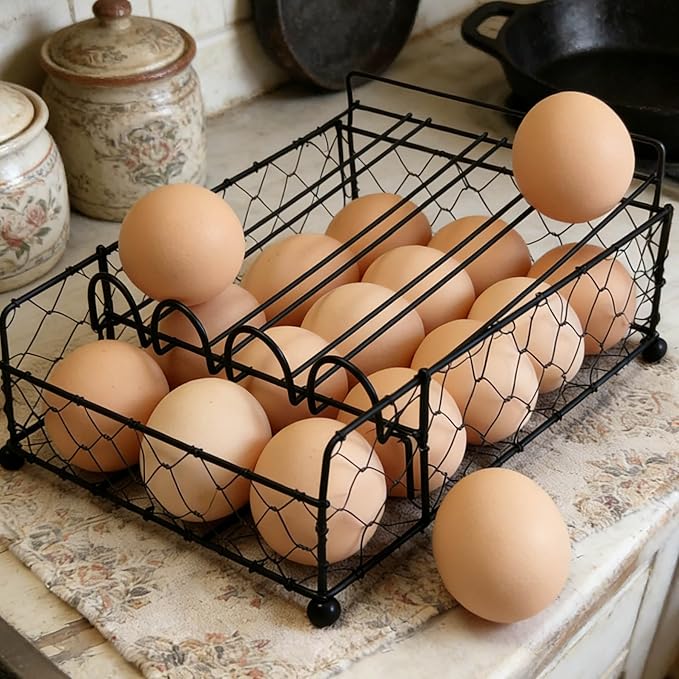 TAIANLE. Wire Egg Basket For Gathering Fresh Eggs with Rolling Tray 2 Tier, Farmhouse Metal Egg Holder Container Countertop, Rustic Display Tray