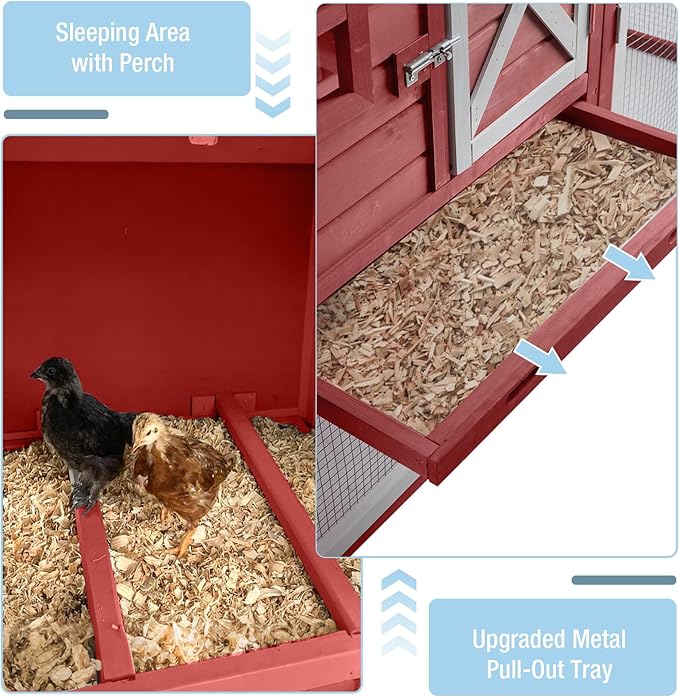 Large Chicken Coop with Run and Wheels, Wooden Hen House with Nesting Box and Waterproof Roof, Poultry Cage with Leakproof Tray, Rabbit Hutch, Bunny Cage Outdoor, Chicken Tractor for 4 Chickens (Red)