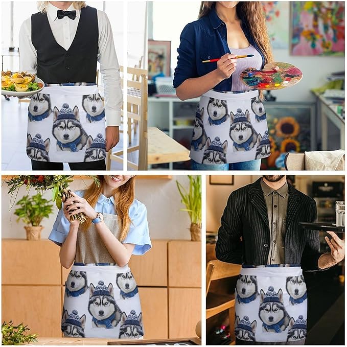 Unisex Apron for Cooking Server Waitress Half Waist Apron with 3 Pockets