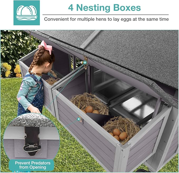 Outdoor Chicken Coops with Large Wheels,Upgrade Large Poultry Cage with Strong Iron Frame,Wooden Hen House for 4-6 Chickens