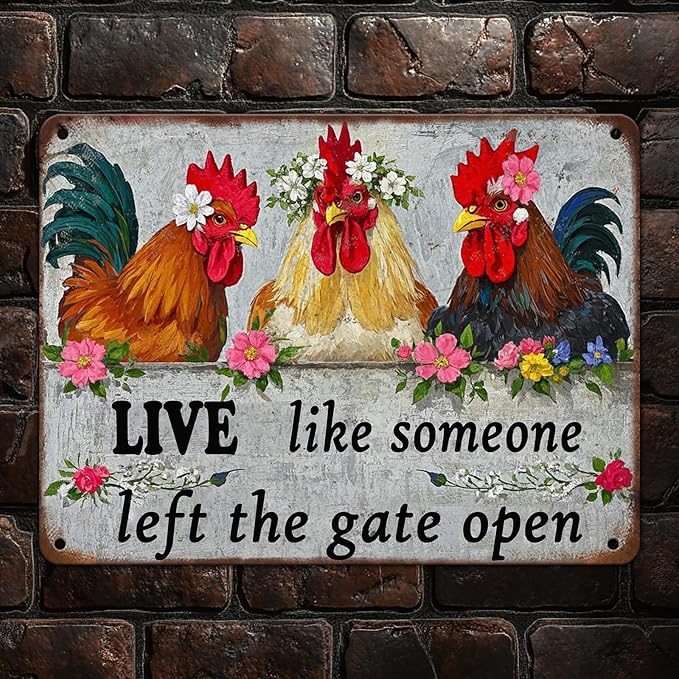 Chicken Wall Decor Sign Live Like Someone Left The Gate Open Tin Signs Funny Farm Chicken Coop Home Kitchen Garden Restaurant Rooster Outdoor Yard Wall Art Decor 12x8 Inch