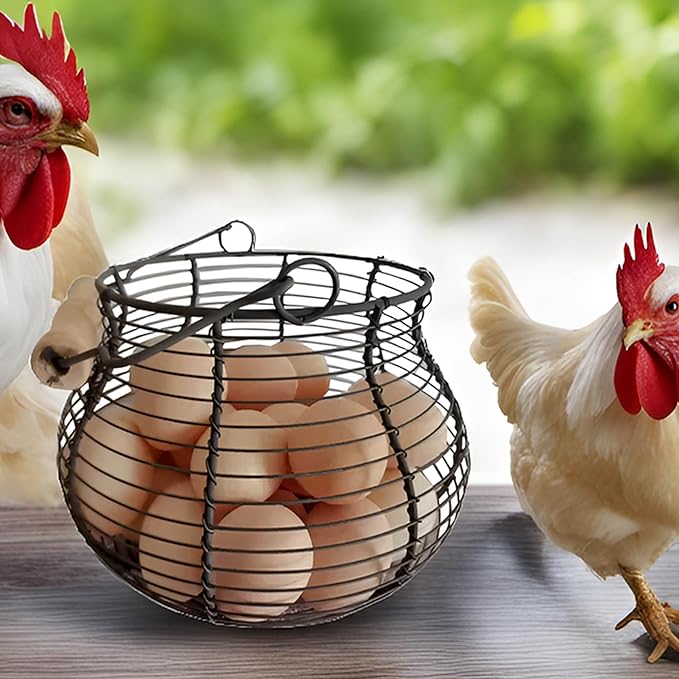 LINCOUNTRY. Farmhouse Wire Egg Baskets for Gathering Fresh Egg With Handle, Round Metal Chicken Egg Collecting Basket Countertop Holder Vintage Style for Kitchen