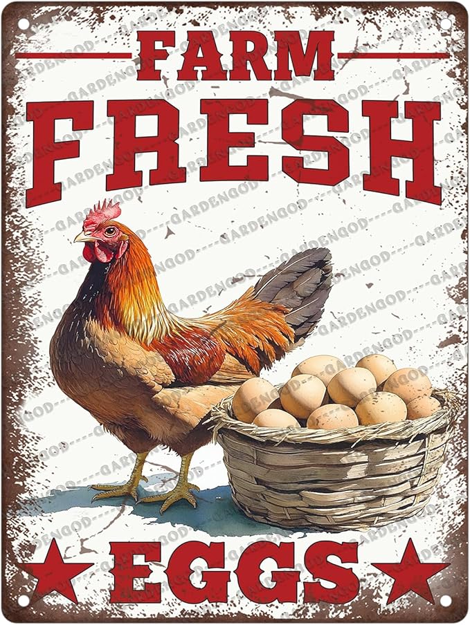 Vintage Chicken Farm Metal Sign Farm Fresh Eggs Metal Poster Home Garden Garage Bathroom Farmhouse Aluminium Sign Art Wall Decor Plaque 16x12 Inch