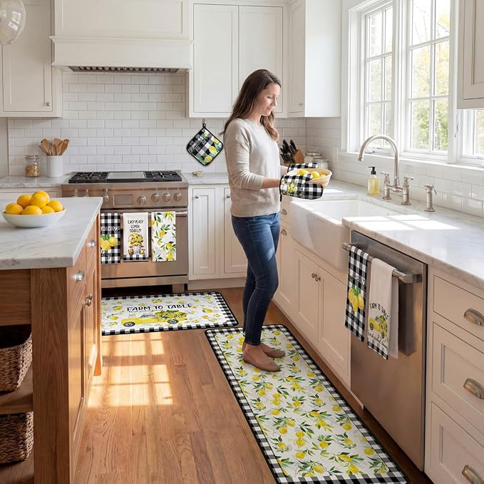 10 Pcs Lemon Kitchen Decor Set Dish Towels Kitchen Rugs Oven Mitts and Pot Holders for Cooking Baking Grilling Women Mom Gift